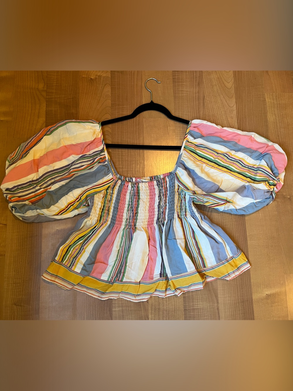 By Together Pastel Stripe Smocked Peplum Top with Puff Sleeves